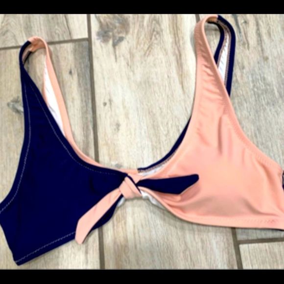 CUPSHE BIKINI Navy & Peach Color Block High Waisted Twisted Tie Plunge Top NWT - Picture 5 of 11